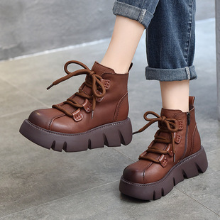 77厚底圆头马丁靴系带靴短靴秋款单靴头层牛皮复古2023新款松糕跟