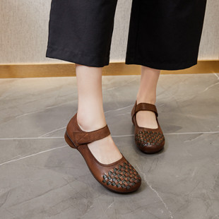 970拉带编织平跟单鞋软底软皮夏新款浅口头层牛皮圆头休闲魔术贴