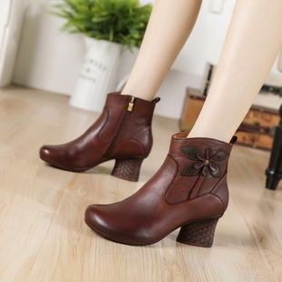 553真皮圆头短靴侧拉链休闲纯色裸靴防水台马丁靴高跟单靴中跟