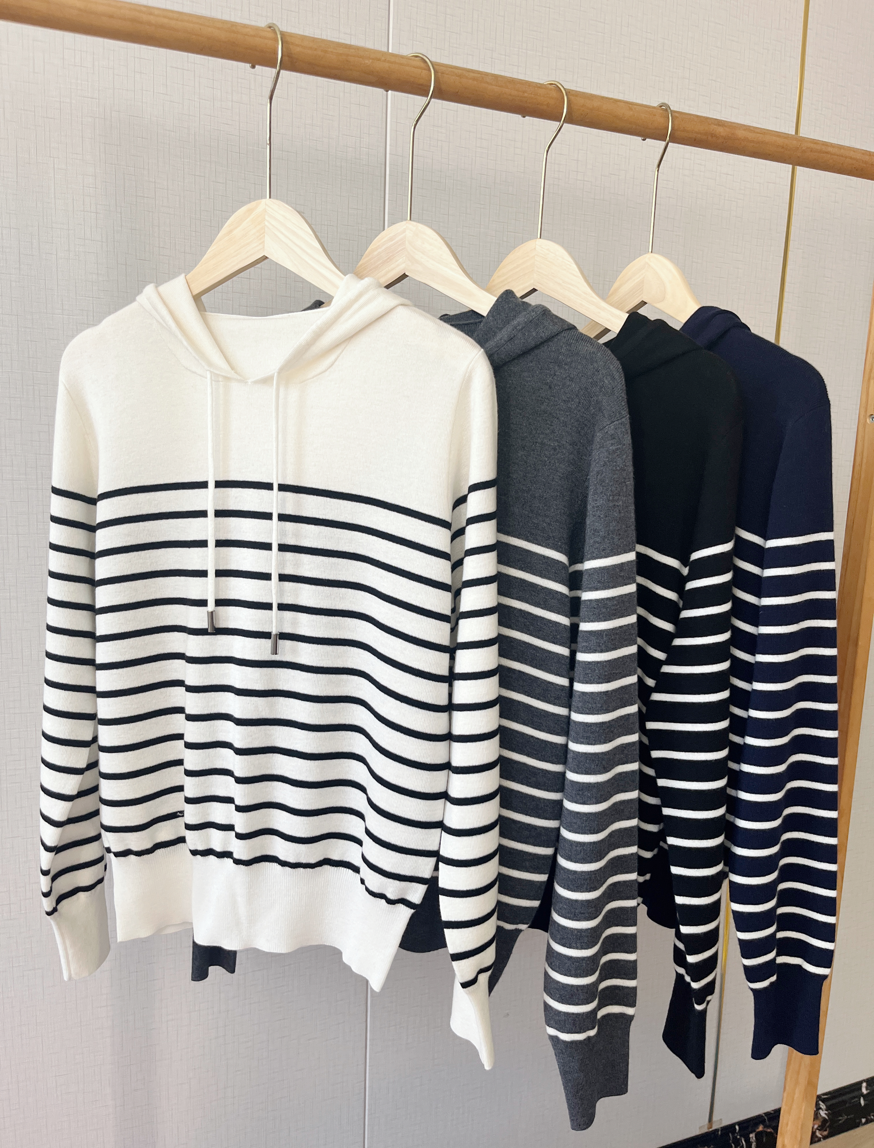 经典条纹48支羊毛连帽海魂针织衫减龄