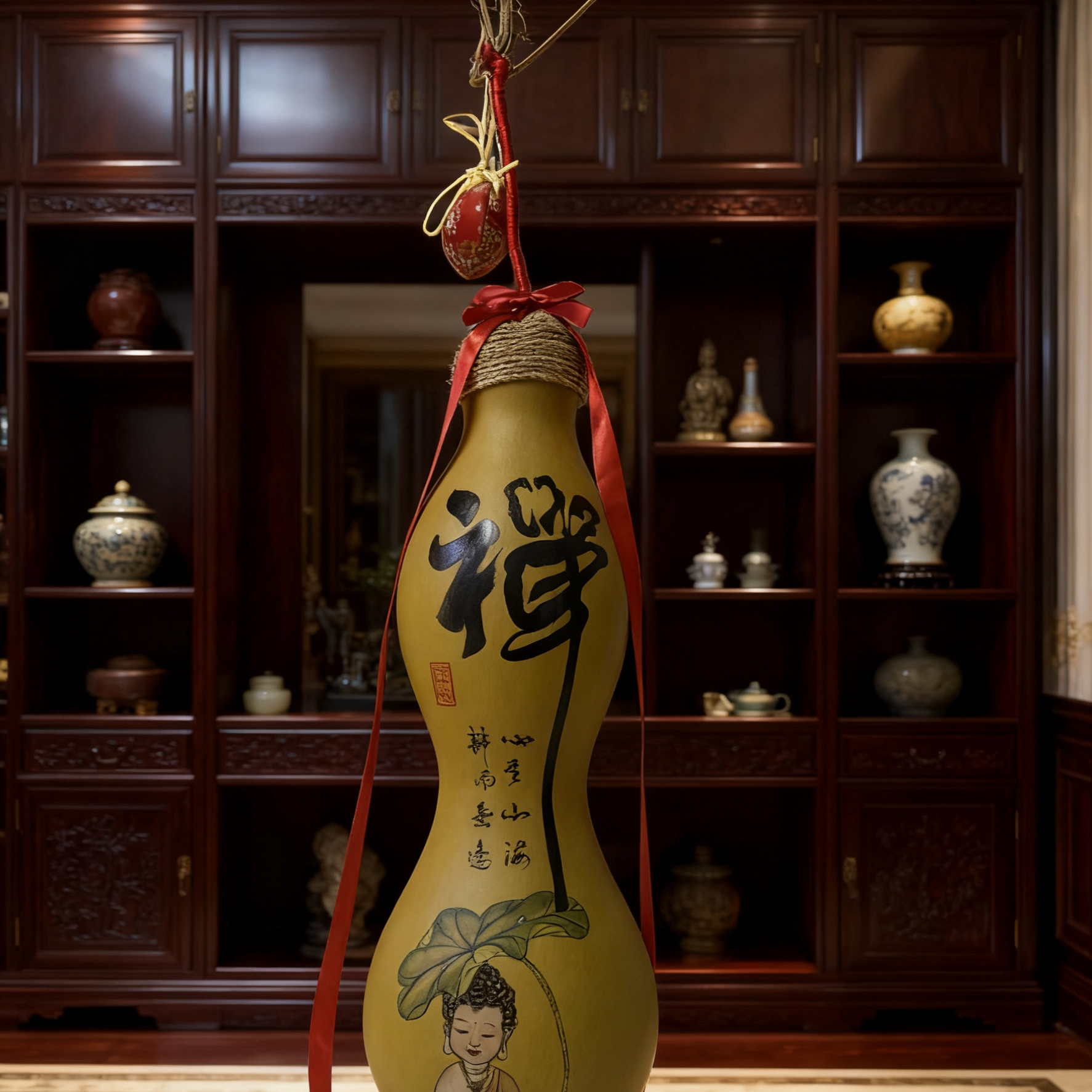 禅意葫芦画摆件天然葫芦手工彩绘观音莲花装饰风水摆设收藏级礼品