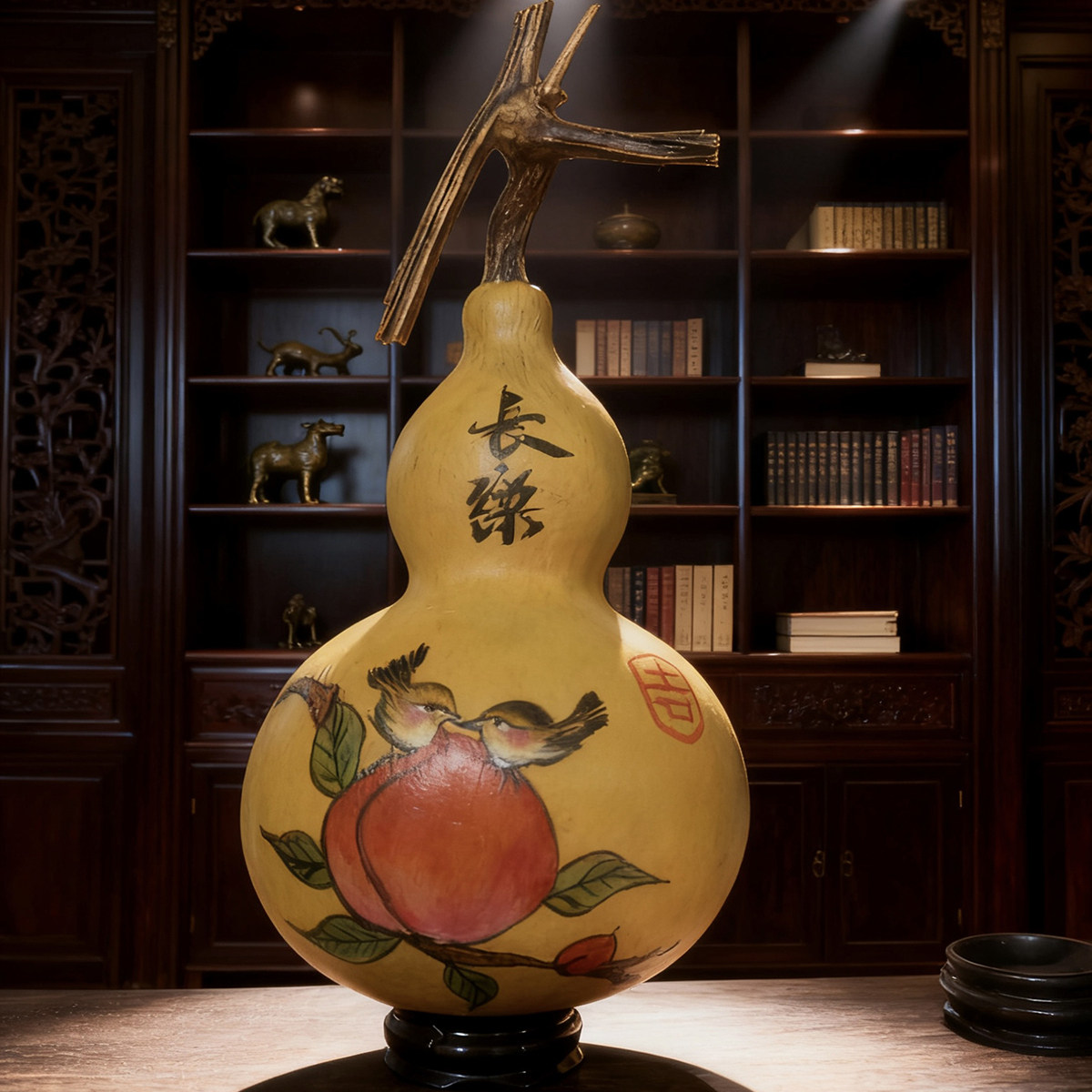 吉祥长乐寿桃葫芦画摆件