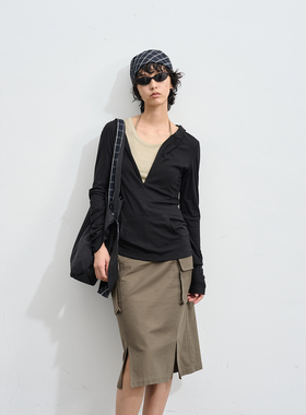 Veega Chic 凉感休闲连帽隐拉v领修身卫衣长袖t恤