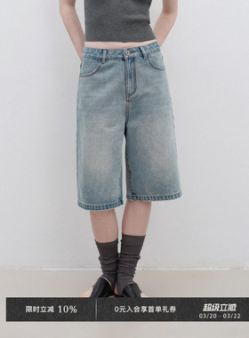 Veega Chic 率性时髦 经典怀旧水洗浅蓝休闲直筒五分牛仔裤