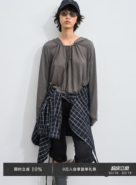 Veega Chic 莱赛尔雪花针织连帽宽松圆领长袖罩衫t恤