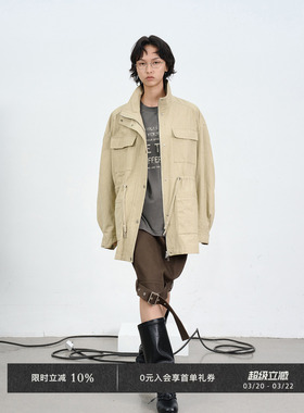 Veega Chic 做旧褪色水洗效果工装风立领可调节中长款夹克风衣