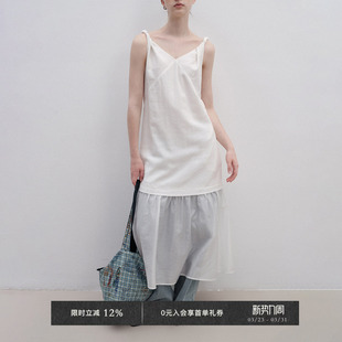 Veega 苎麻莱赛尔纽结设计透视拼接吊带连衣裙 Chic