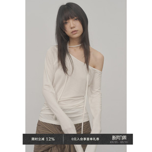 T恤 莱赛尔绵羊毛混纺质感抽褶斜肩绑带长袖 Veega Chic