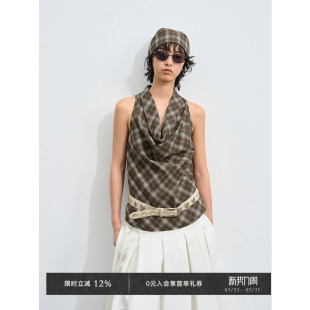 背心上衣 泡泡棉格纹挂脖荡领无袖 Veega Chic