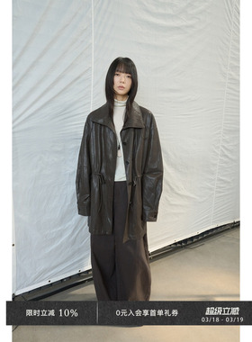 Veega Chic 复古软皮立领抽绳收腰宽松廓形皮衣风衣