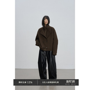 夹棉毛呢外套 短款 Veega Chic羊毛混纺复古假两件双排扣立领羊腿袖