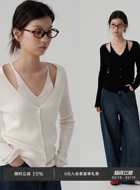 Veega Chic 秋冬Hands free假两件V领百搭短款设计感修身显瘦开衫
