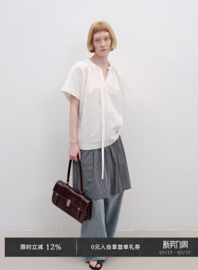 Veega Chic 高支精梳棉飘带设计圆领碎褶小飞袖廓形短袖衬衫