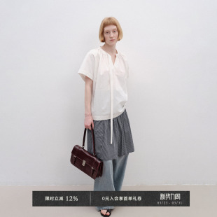 衬衫 Veega 廓形短袖 高支精梳棉飘带设计圆领碎褶小飞袖 Chic