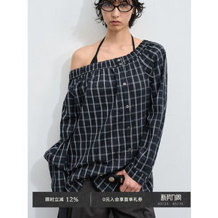 Veega 上衣 Chic肌理棉格纹休闲一字领侧门襟宽松衬衫