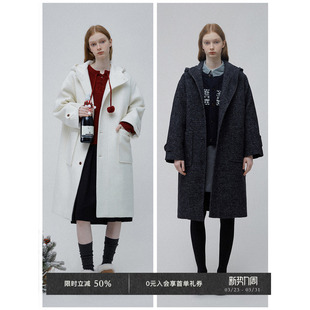 Chic单排扣戴帽贴袋双料中长款 Veega 毛呢大衣 5折