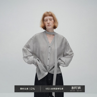 罩衫 Veega 衬衫 赛丽晶纤维V领可拆卸飘带长袖 Chic