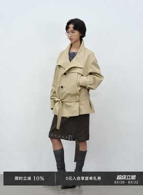 Veega Chic 不对称小众大翻领廓型可调节收腰慵懒感短款风衣