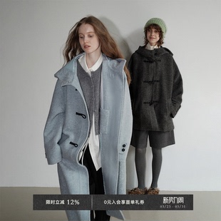 手工编织牛角扣宽松休闲连帽长款 圈圈羊毛 毛呢大衣 Chic Veega