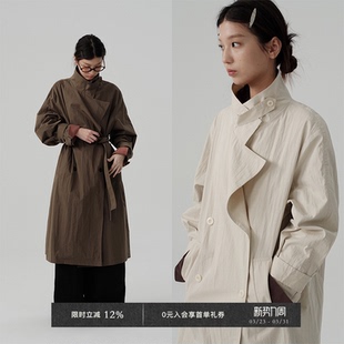 双排扣风衣 秋冬缩皱感棉锦混纺偏门襟轻薄简约中长款 Veega Chic