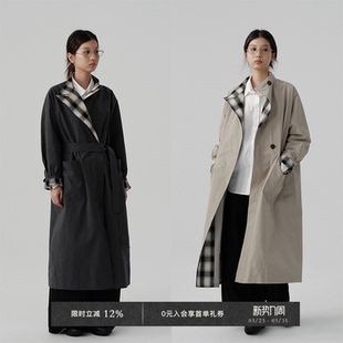 长款 秋冬复古英伦风撞色格纹百搭拼接落肩袖 风衣外套 Chic Veega