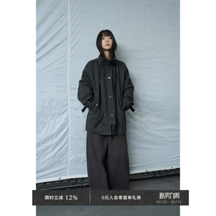 Veega 袢低腰抽褶夹棉外套 Chic秋冬可调节抽绳立领撞PU皮可调节袖