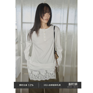 T恤 设计感打条不对称荷叶边拼蕾丝下摆半开领长袖 Veega Chic