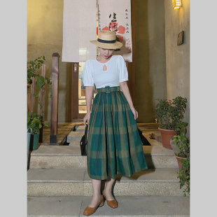 210613 小个子半身长裙复古格子裙A字伞裙显高半身裙 绿野仙踪