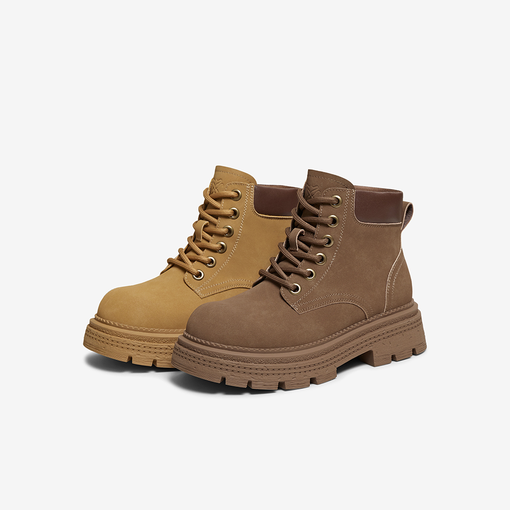 百思图2025冬季新款复古马丁靴工装靴踢不烂大黄靴女短靴D3785DZ5