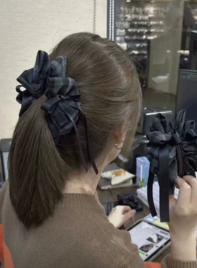韩系小众设计灰色格子布艺飘带蝴蝶结香蕉夹显发量懒人高马尾抓夹