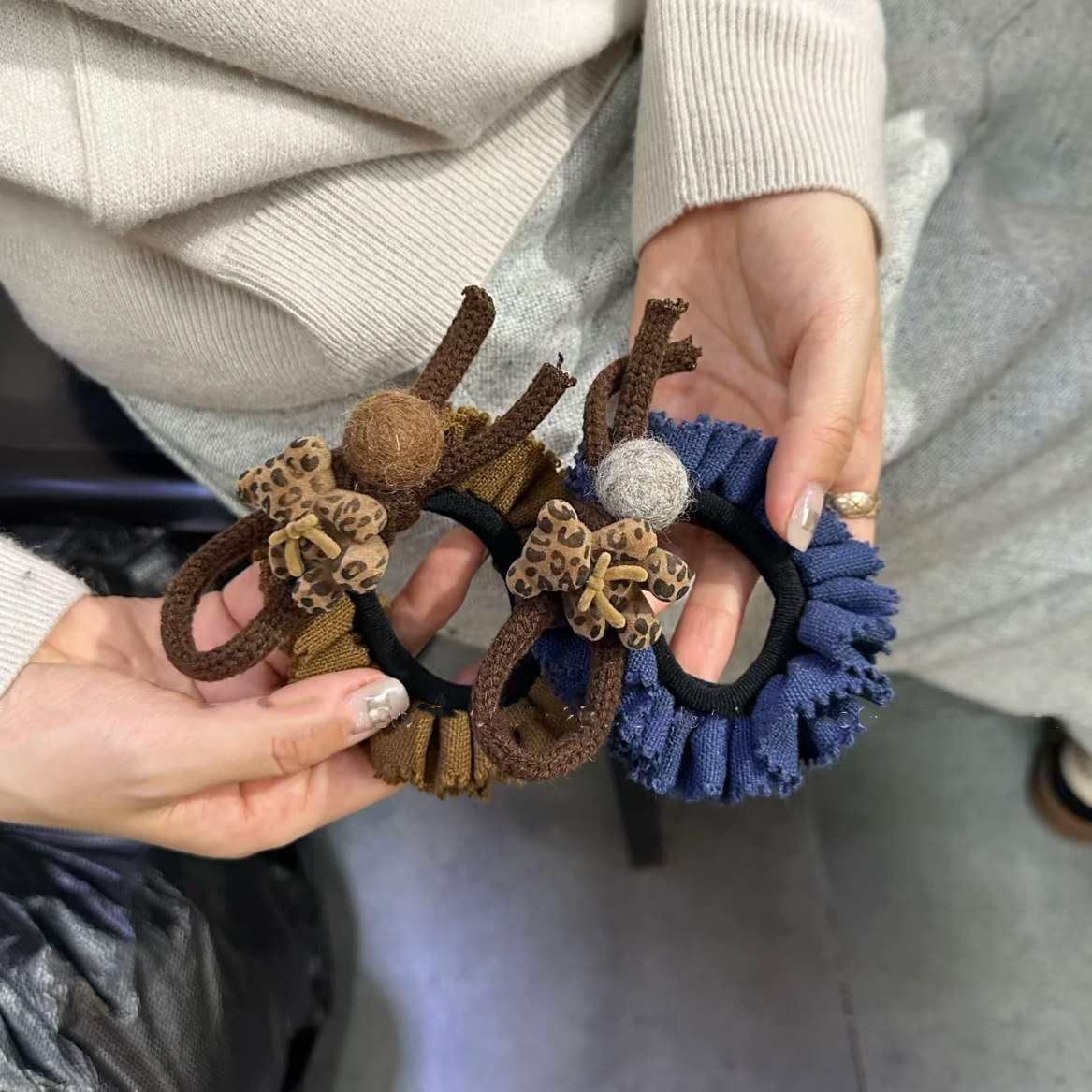 韩系豹纹小熊毛毡球无痕花边发圈高级感发量多蝴蝶结发绳丸子头绳