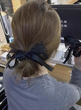 高级感复古黑色蕾丝飘带蝴蝶结大肠发圈扎头绳韩国同款丸子头发绳