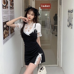 Real price! Slim V-neck Sling Dress + Lace stitching top