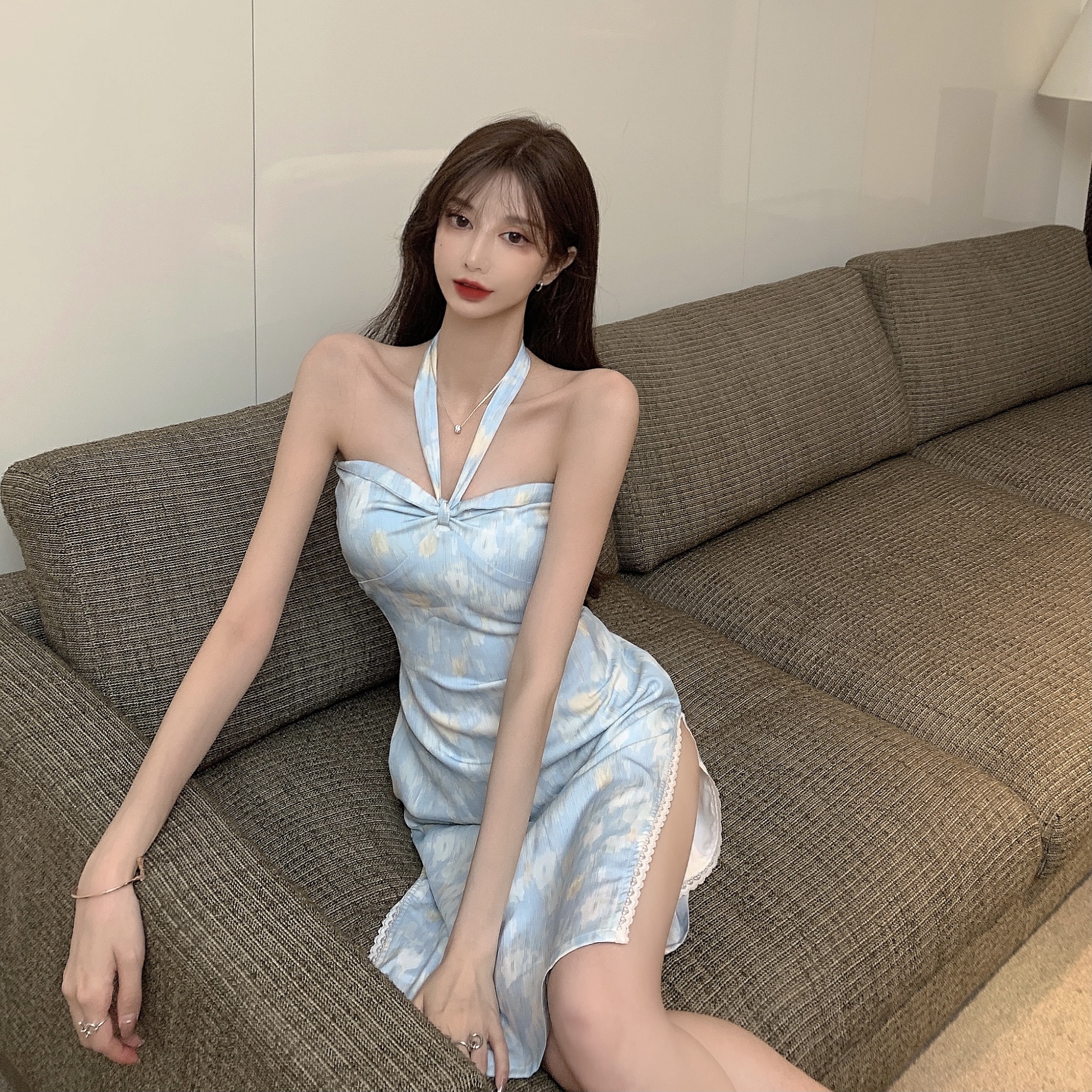 實拍款 實價！掛脖抹胸修身開叉吊帶連衣裙