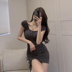 Real price! Slim drawstring bubble sleeve dress