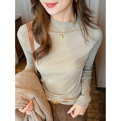 罗丽丝严选秋冬季内搭插肩袖打底衫女2025新款螺纹长袖设计感半高