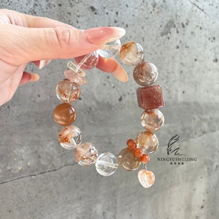 红泥雪花幽灵橙月光石白水晶千层幽灵方糖手链手串