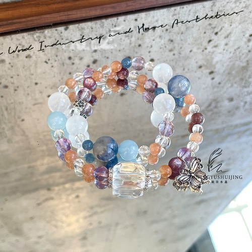 白水晶橙月光石紫锂云母蓝晶蓝月光海蓝宝紫水晶双圈手链手串