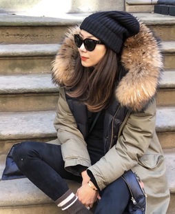 BLANCL军绿皮草长款羽绒服加厚两面穿鹅绒服重磅貉子毛领派克服