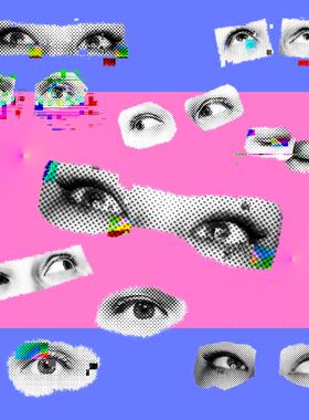 视频素材复古文艺信号失真撕纸拼贴眼睛动画贴图MG166