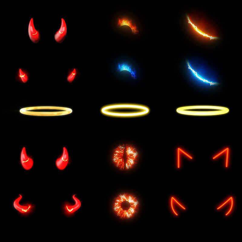 视频素材天使恶魔光环犄角瞳孔发光红蓝火焰综艺特效mg128