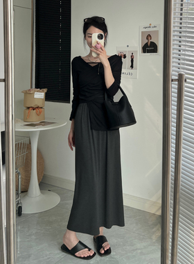 春秋半身裙女2024新款显瘦灰色a字裙小个子一步裙气质开叉中长裙