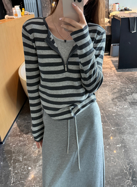 momo大姐姐假两件条纹针织衫女2025秋季新款修身显瘦时尚百搭上衣