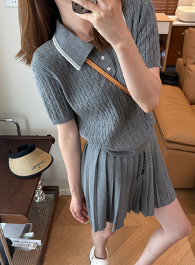 momo大姐姐学院风polo领短袖针织衫女百褶短裙两件套2025早秋新款