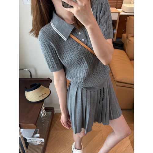 polo领短袖针织衫百褶短裙套装女