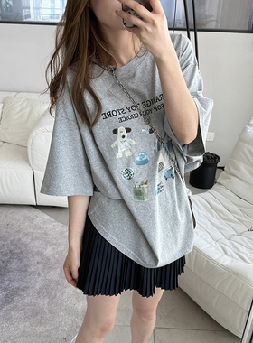 momo大姐姐新款灰色T恤女宽松圆领上衣卡通印花半袖减龄小众体恤