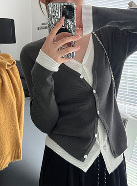 momo大姐姐灰色内搭针织衫女两件套打底衫小个子显瘦毛衣修身长袖