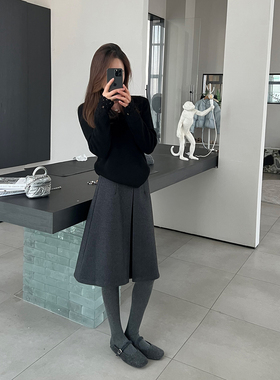 【特价】深灰色直筒开叉半身裙女冬季2025新款气质百搭毛呢A字裙