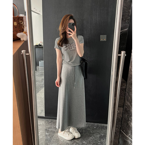 抽绳松紧腰直筒裙女中长款半身裙