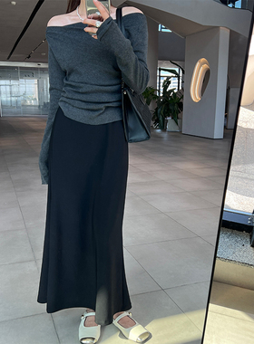 秋季新款西装裙黑色鱼尾裙女设计感复古半身裙气质垂感长款a字裙